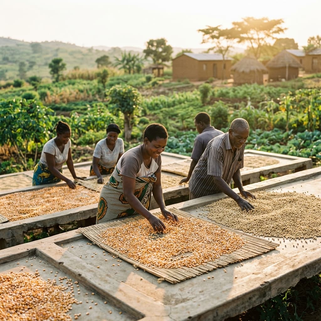 Smallholder farmers harvesting and sun-drying agricultural commodities