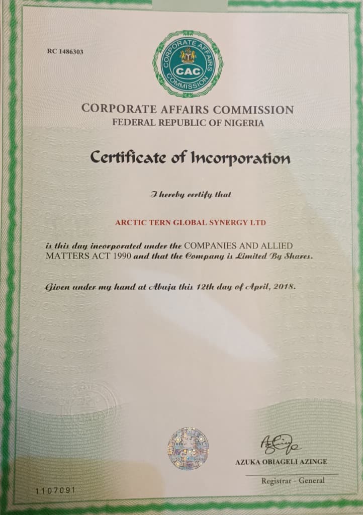 Arctic Tern Global Synergy Ltd - CAC Certificate of Incorporation