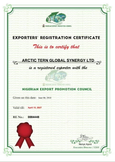 Arctic Tern Global Synergy Ltd - NEPC Exporter Registration Certificate